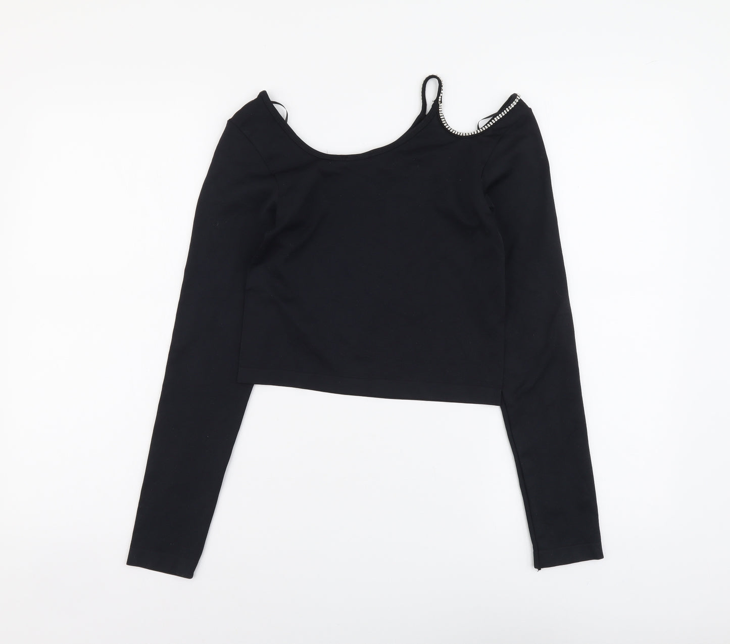 Zara Womens Black Polyamide Basic T-Shirt Size M Round Neck - Cold Shoulder