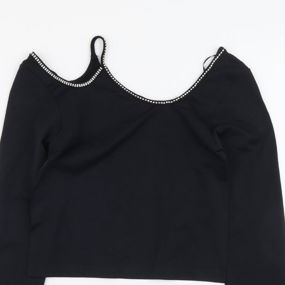Zara Womens Black Polyamide Basic T-Shirt Size M Round Neck - Cold Shoulder