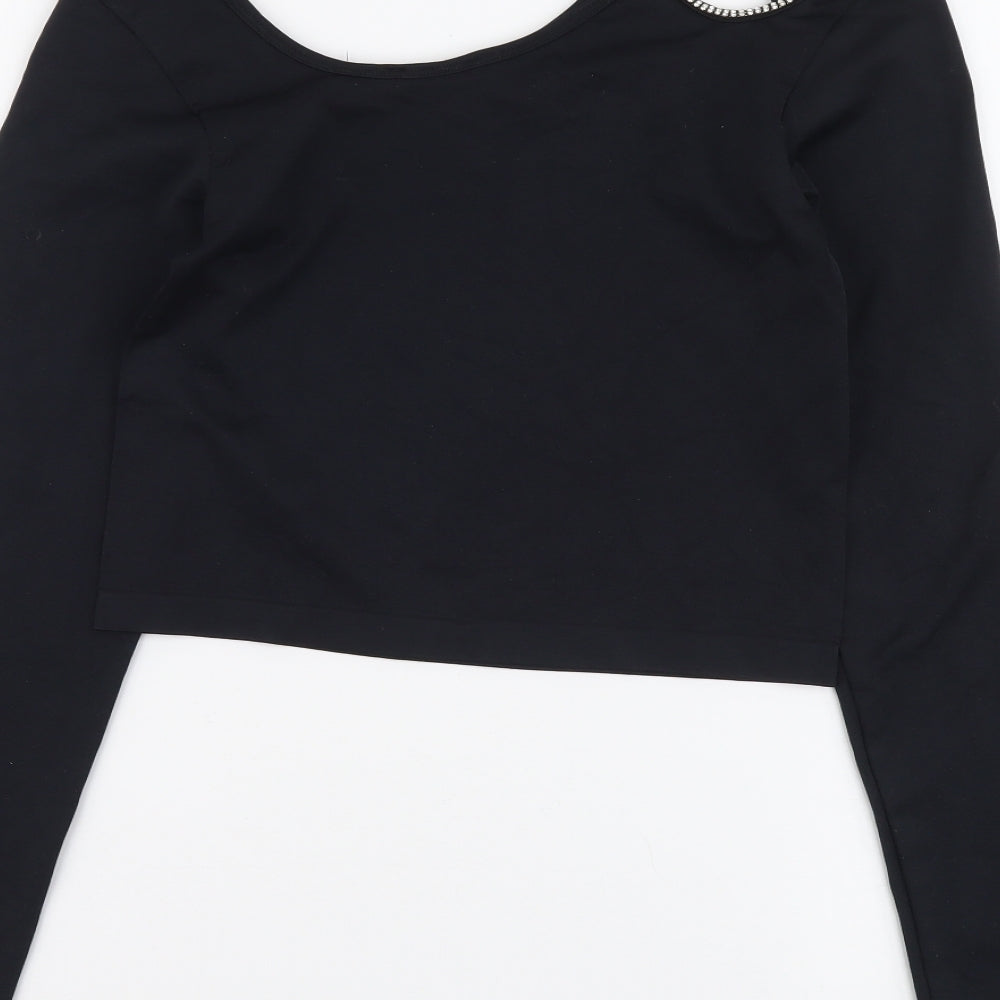 Zara Womens Black Polyamide Basic T-Shirt Size M Round Neck - Cold Shoulder