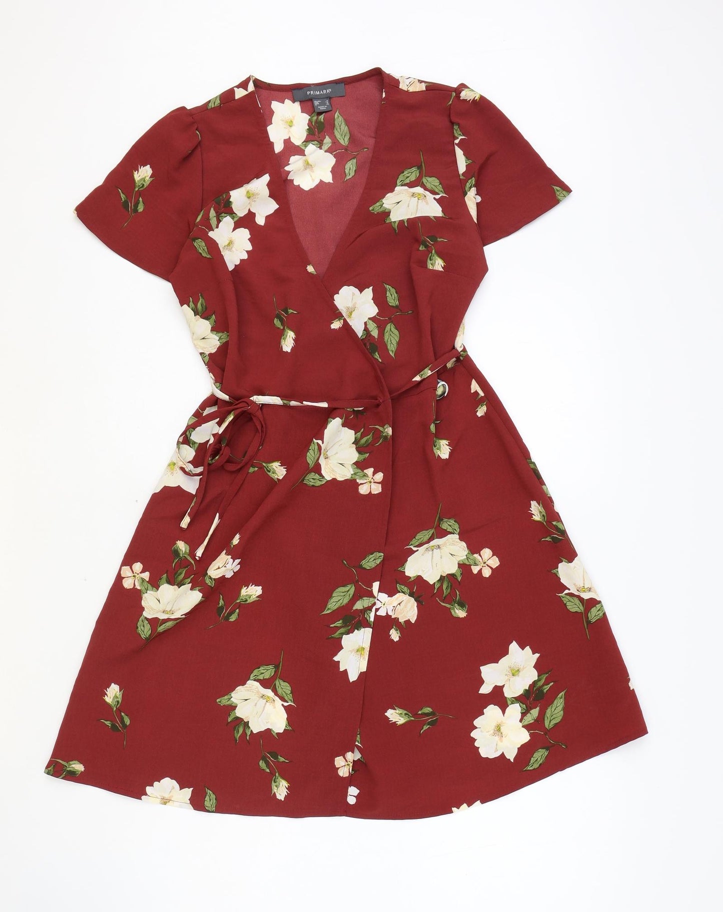 Primark Womens Red Floral Polyester Skater Dress Size 6 V-Neck Button