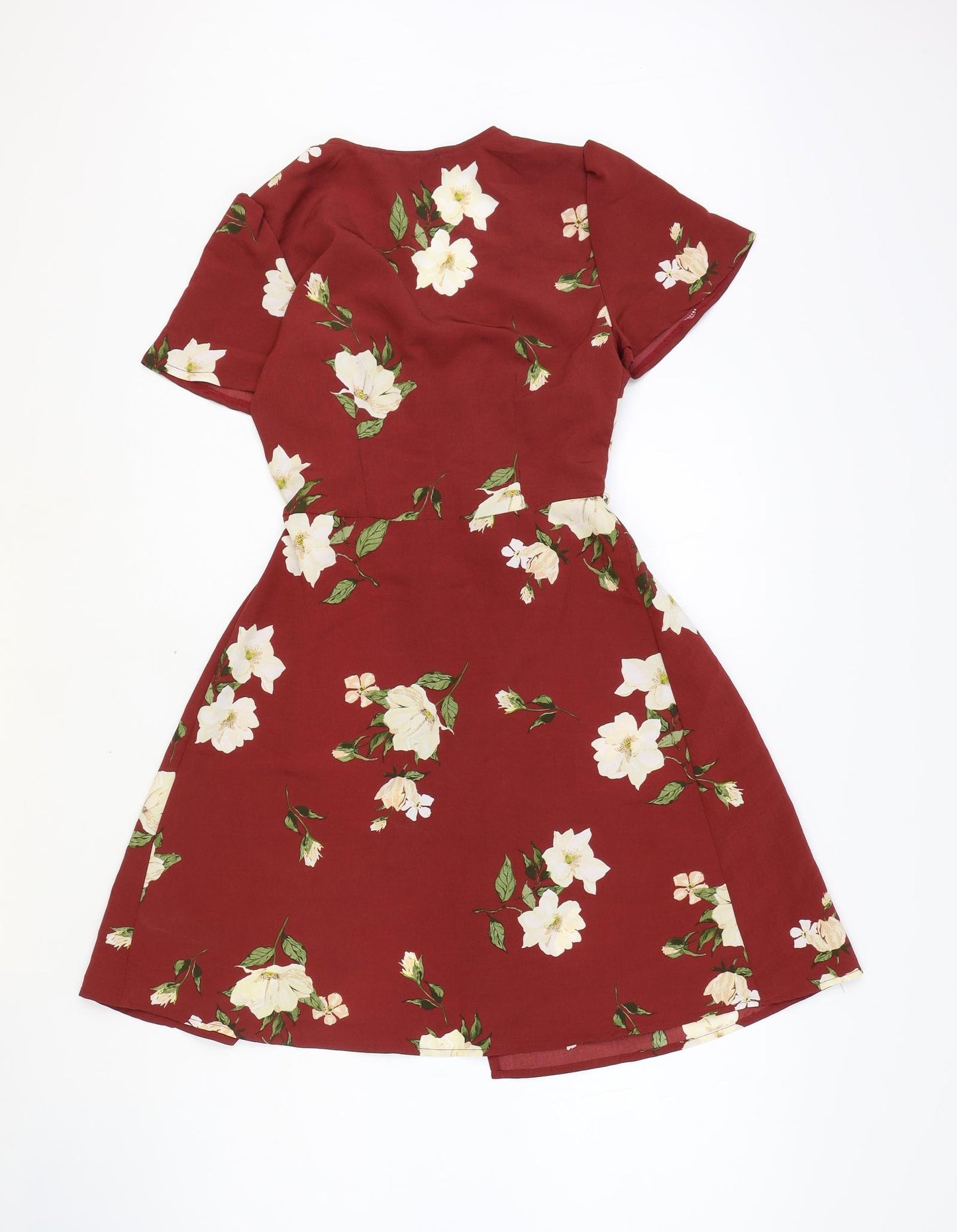 Primark Womens Red Floral Polyester Skater Dress Size 6 V-Neck Button
