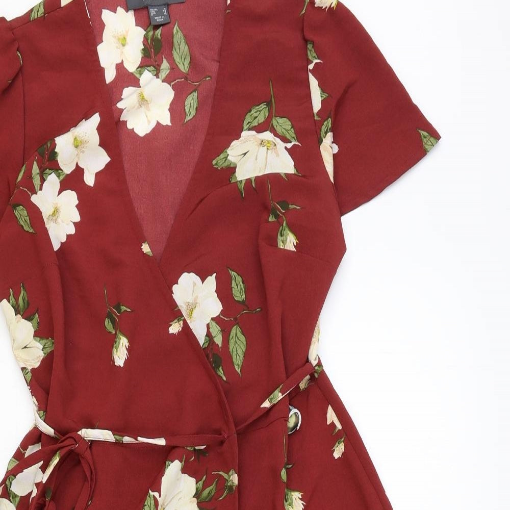 Primark Womens Red Floral Polyester Skater Dress Size 6 V-Neck Button