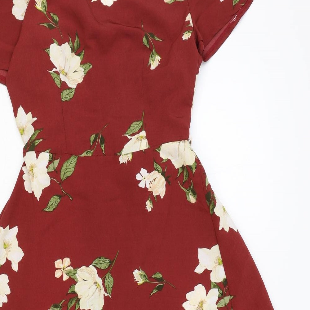 Primark Womens Red Floral Polyester Skater Dress Size 6 V-Neck Button