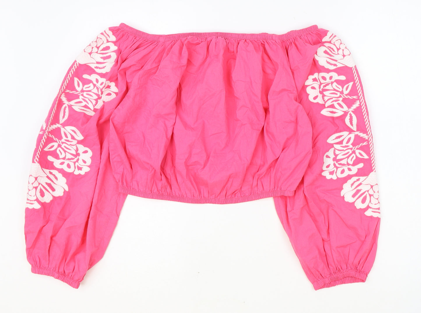 Marks and Spencer Womens Pink 100% Cotton Cropped Tank Size 14 Off the Shoulder - Flower Detail