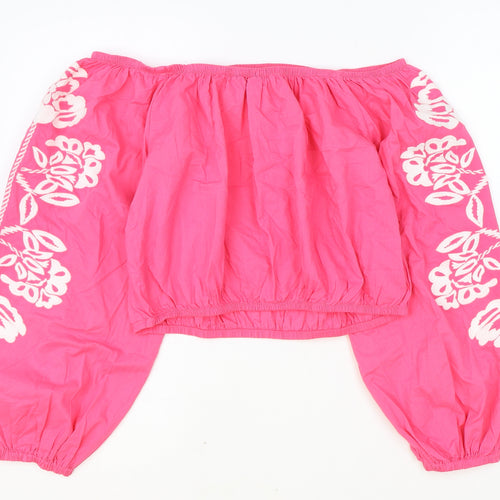 Marks and Spencer Womens Pink 100% Cotton Cropped Tank Size 14 Off the Shoulder - Flower Detail
