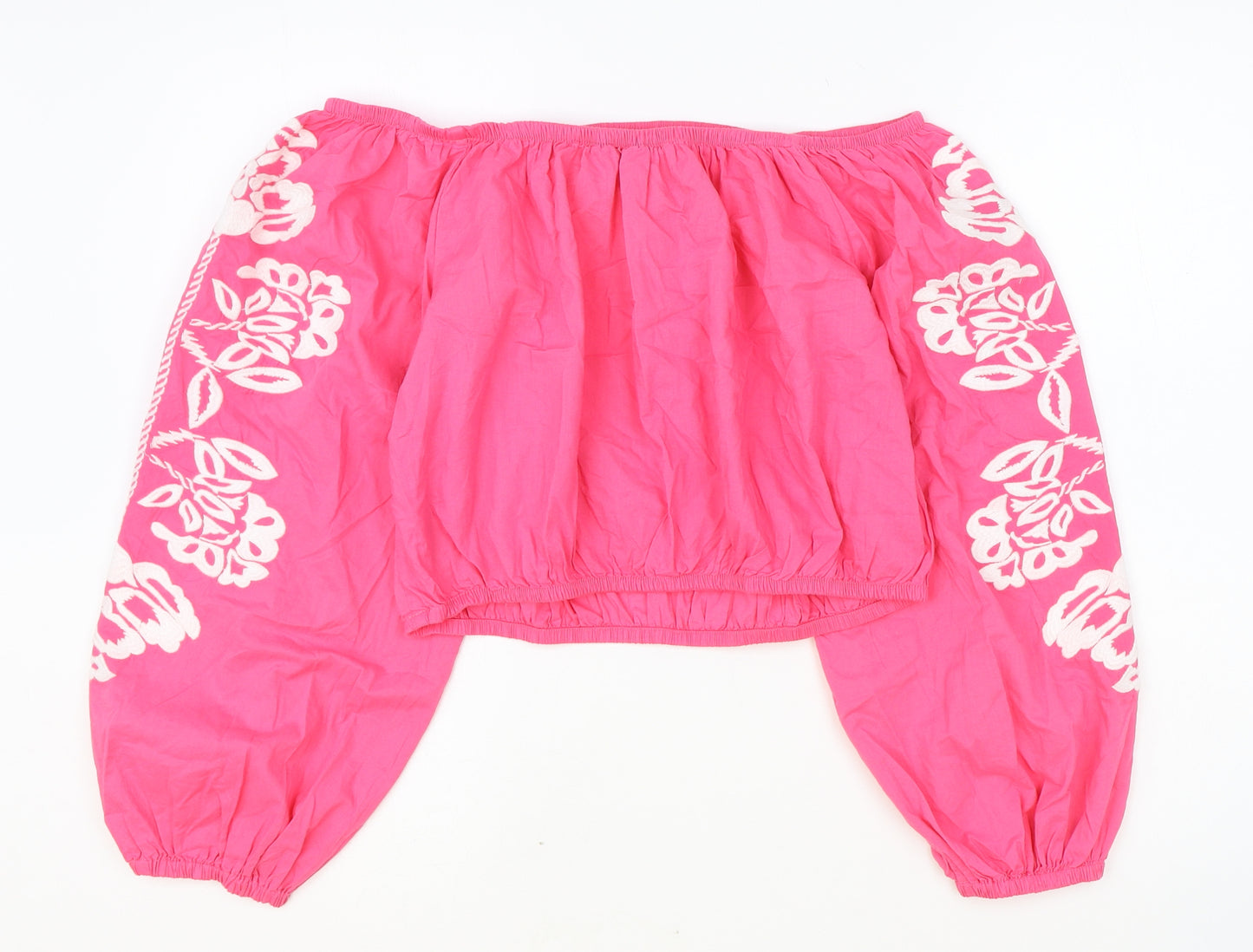 Marks and Spencer Womens Pink 100% Cotton Cropped Tank Size 14 Off the Shoulder - Flower Detail