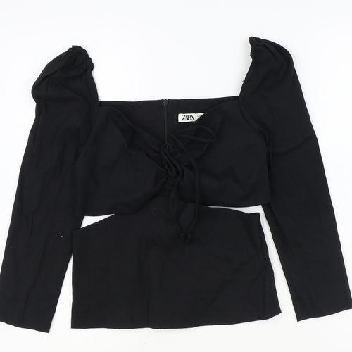 Zara Womens Black Linen Cropped Blouse Size S V-Neck - Cut Out Side Detail
