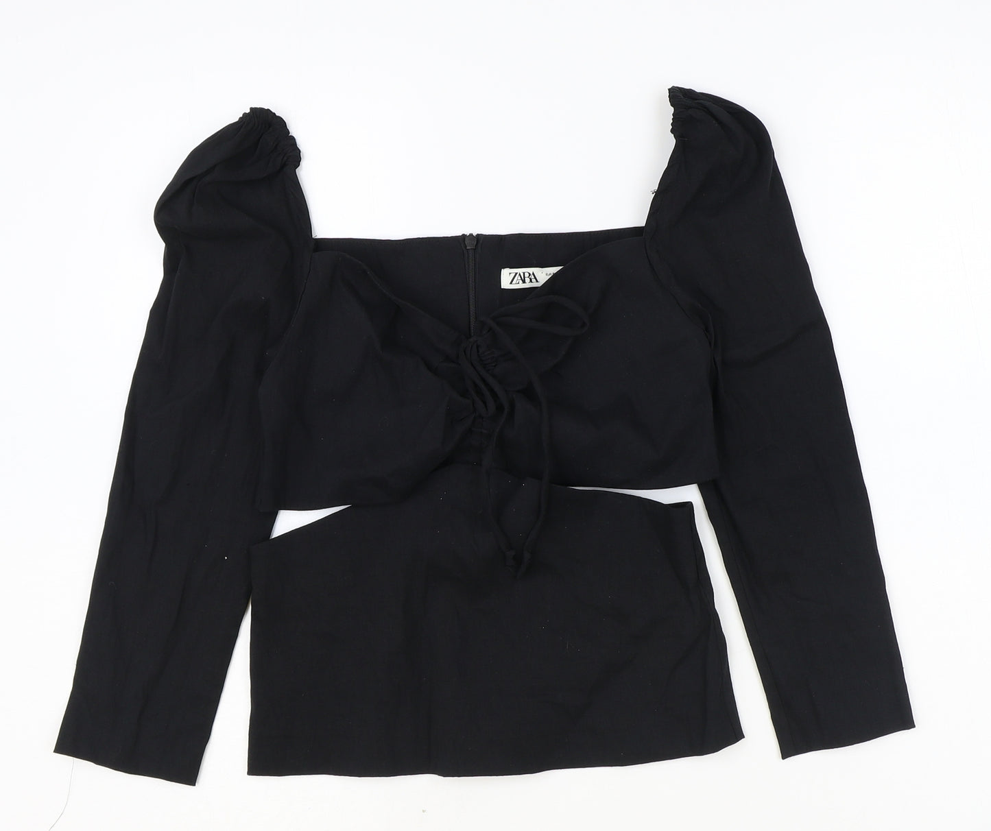 Zara Womens Black Linen Cropped Blouse Size S V-Neck - Cut Out Side Detail
