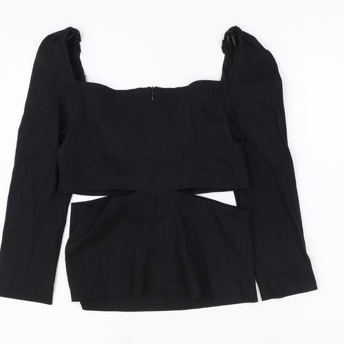 Zara Womens Black Linen Cropped Blouse Size S V-Neck - Cut Out Side Detail