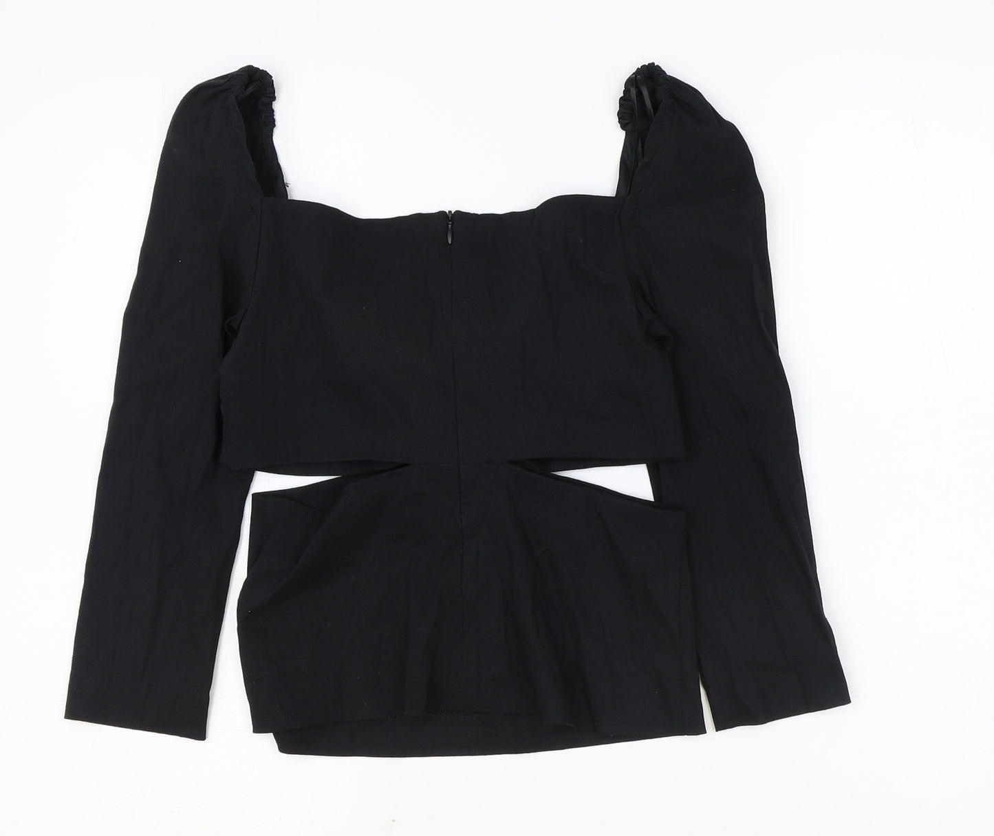 Zara Womens Black Linen Cropped Blouse Size S V-Neck - Cut Out Side Detail