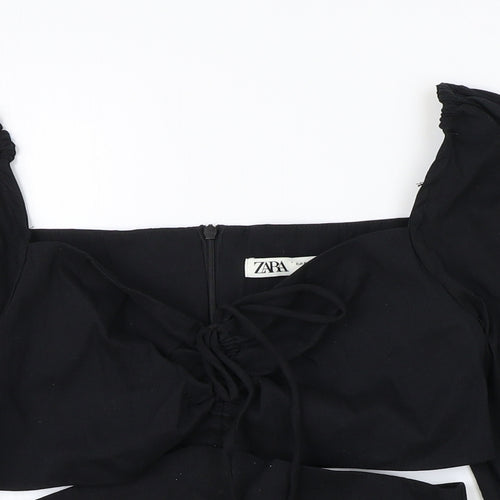 Zara Womens Black Linen Cropped Blouse Size S V-Neck - Cut Out Side Detail