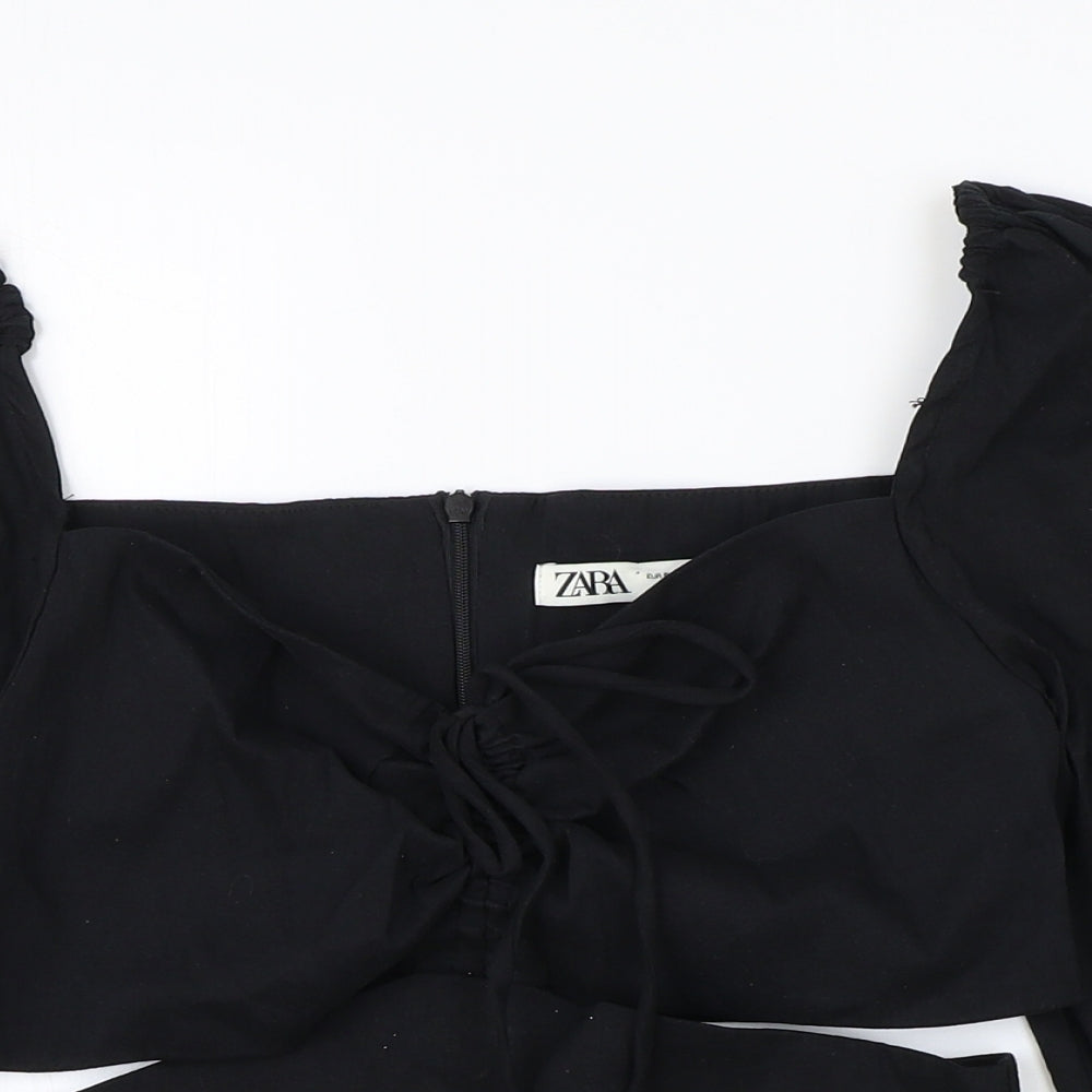 Zara Womens Black Linen Cropped Blouse Size S V-Neck - Cut Out Side Detail