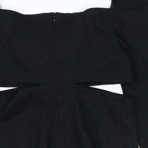Zara Womens Black Linen Cropped Blouse Size S V-Neck - Cut Out Side Detail