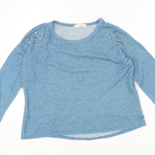 Soprano Womens Blue Geometric Cotton Basic T-Shirt Size M Round Neck - Studded