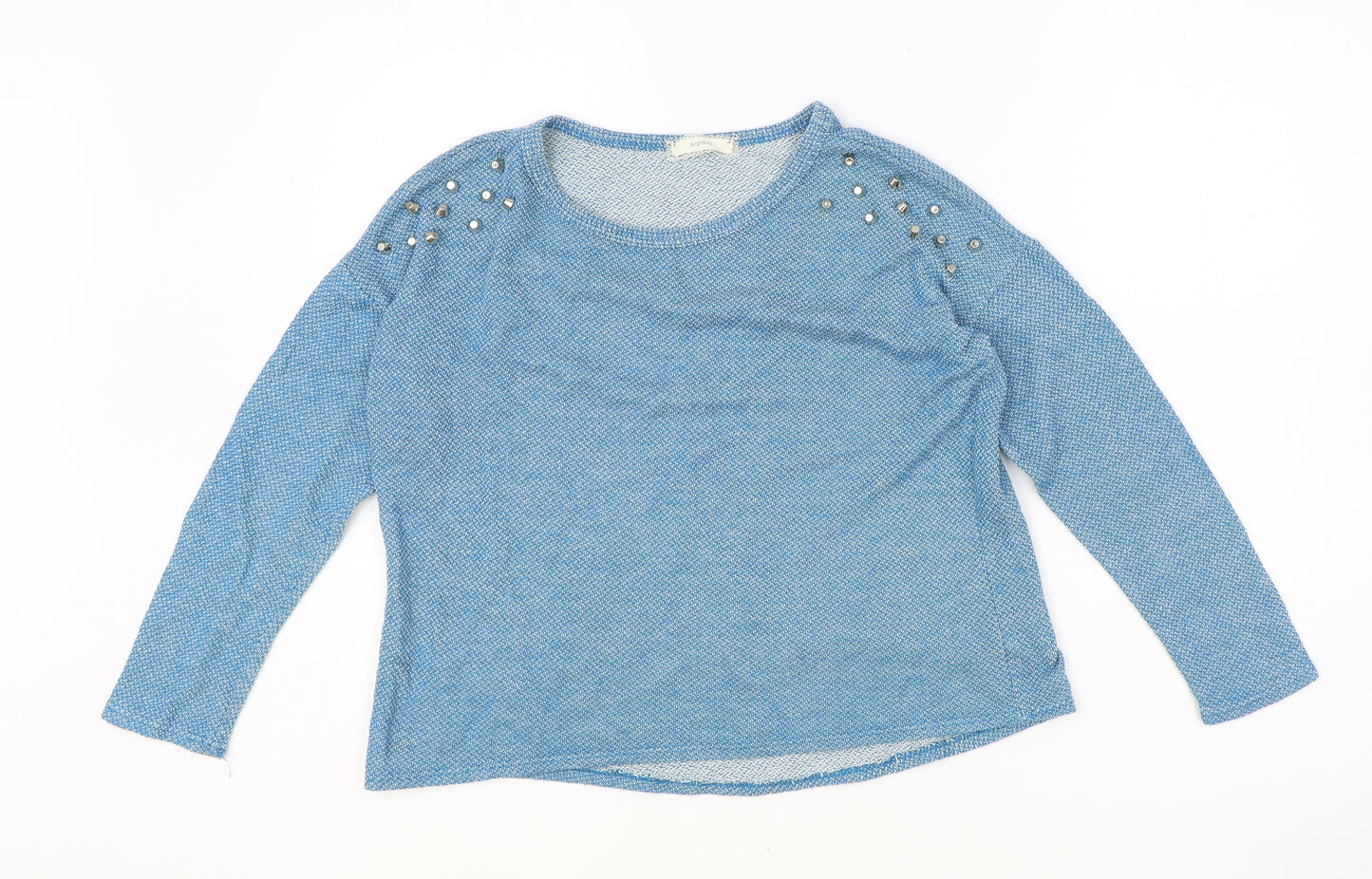 Soprano Womens Blue Geometric Cotton Basic T-Shirt Size M Round Neck - Studded