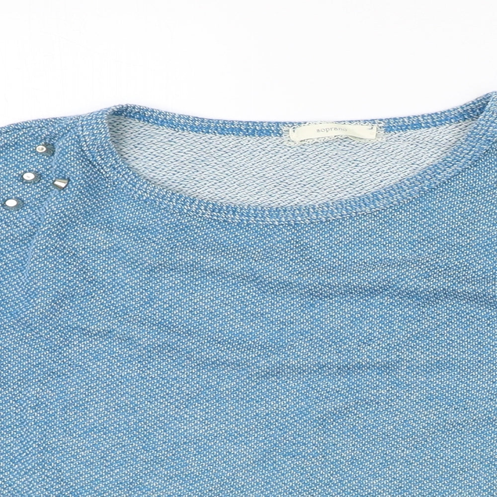 Soprano Womens Blue Geometric Cotton Basic T-Shirt Size M Round Neck - Studded