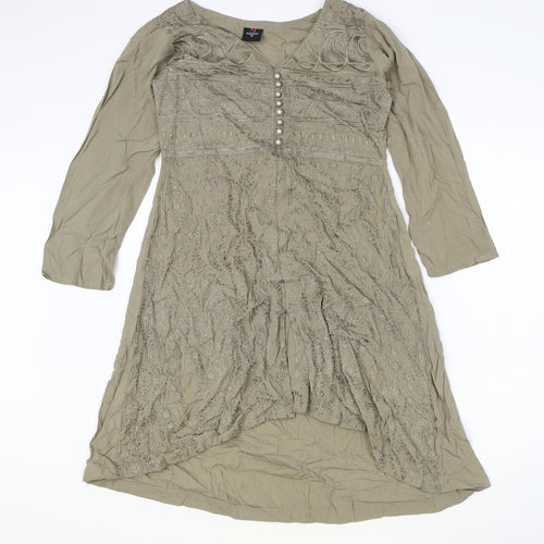 SJ collection Womens Brown Polyester A-Line Size S V-Neck