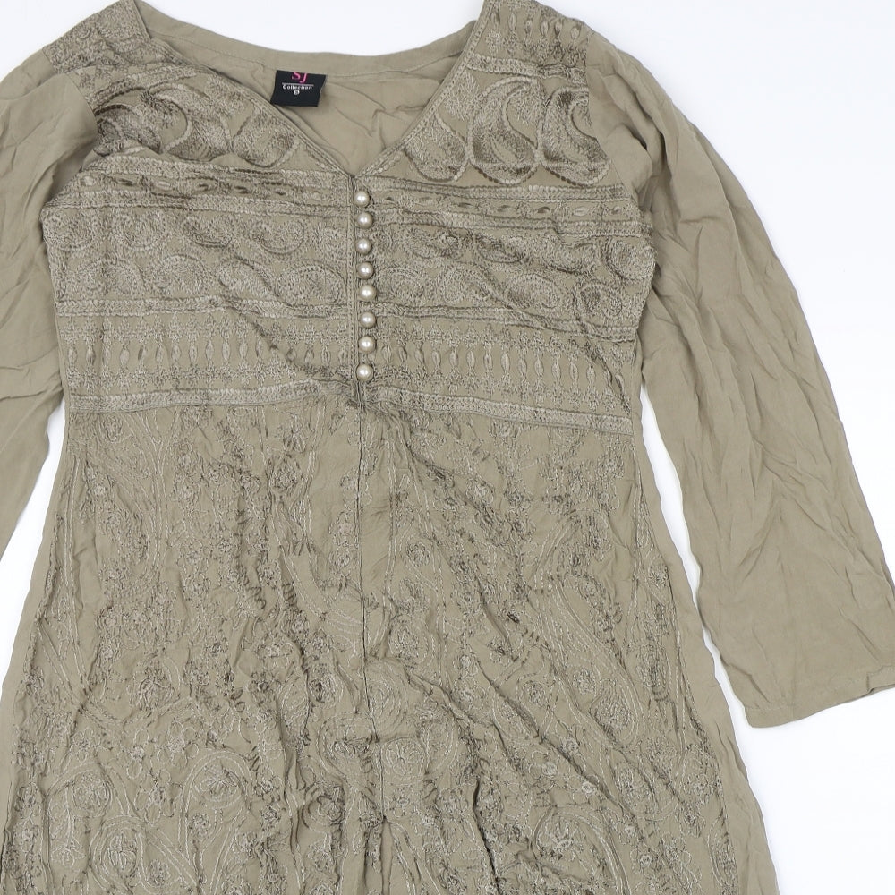 SJ collection Womens Brown Polyester A-Line Size S V-Neck