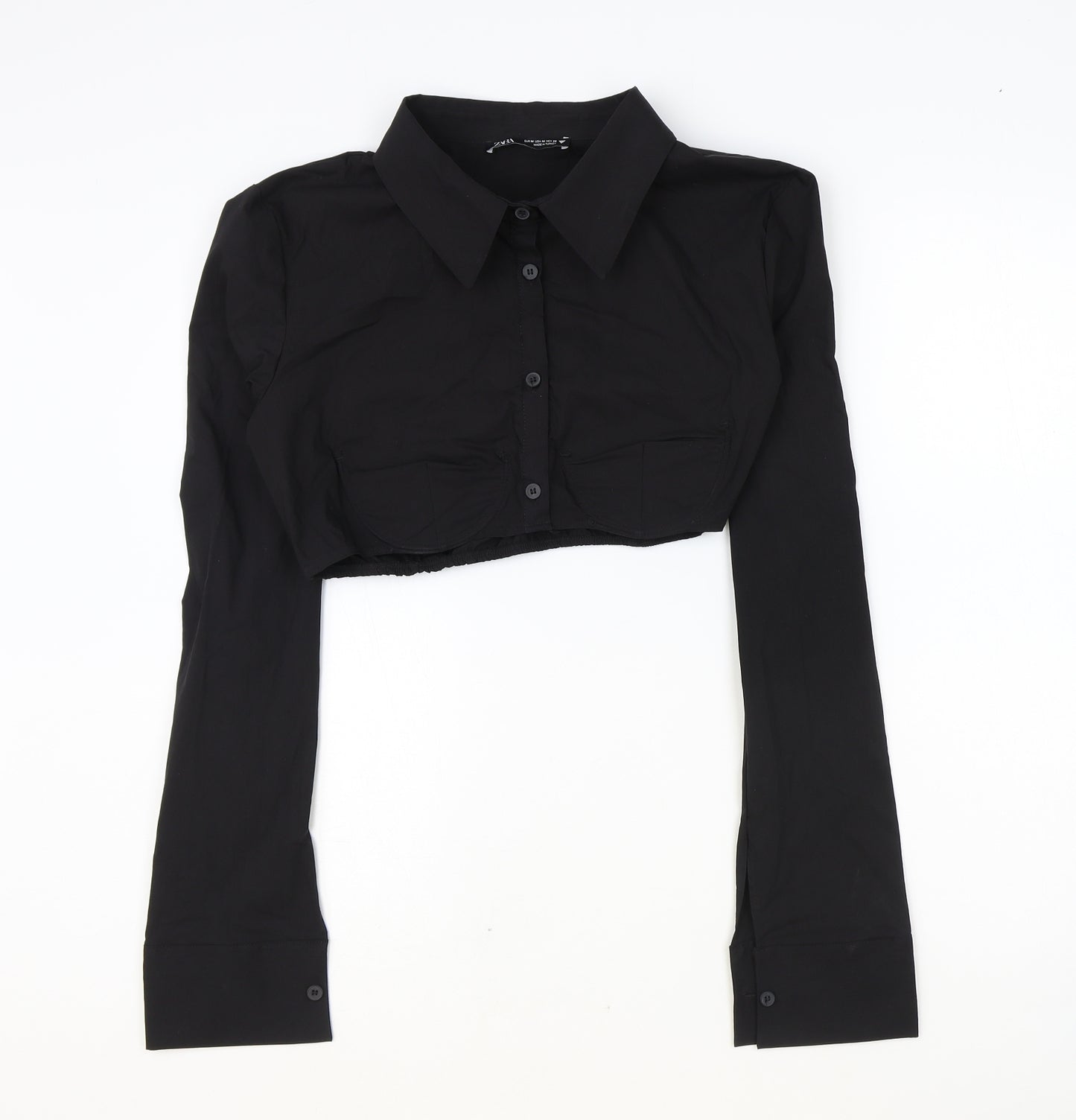 Zara Womens Black Cotton Cropped Button-Up Size M Collared