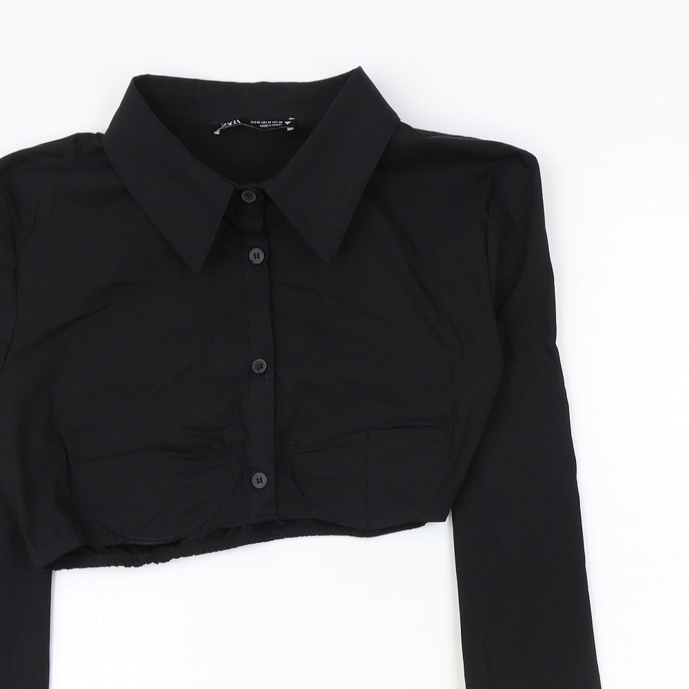 Zara Womens Black Cotton Cropped Button-Up Size M Collared