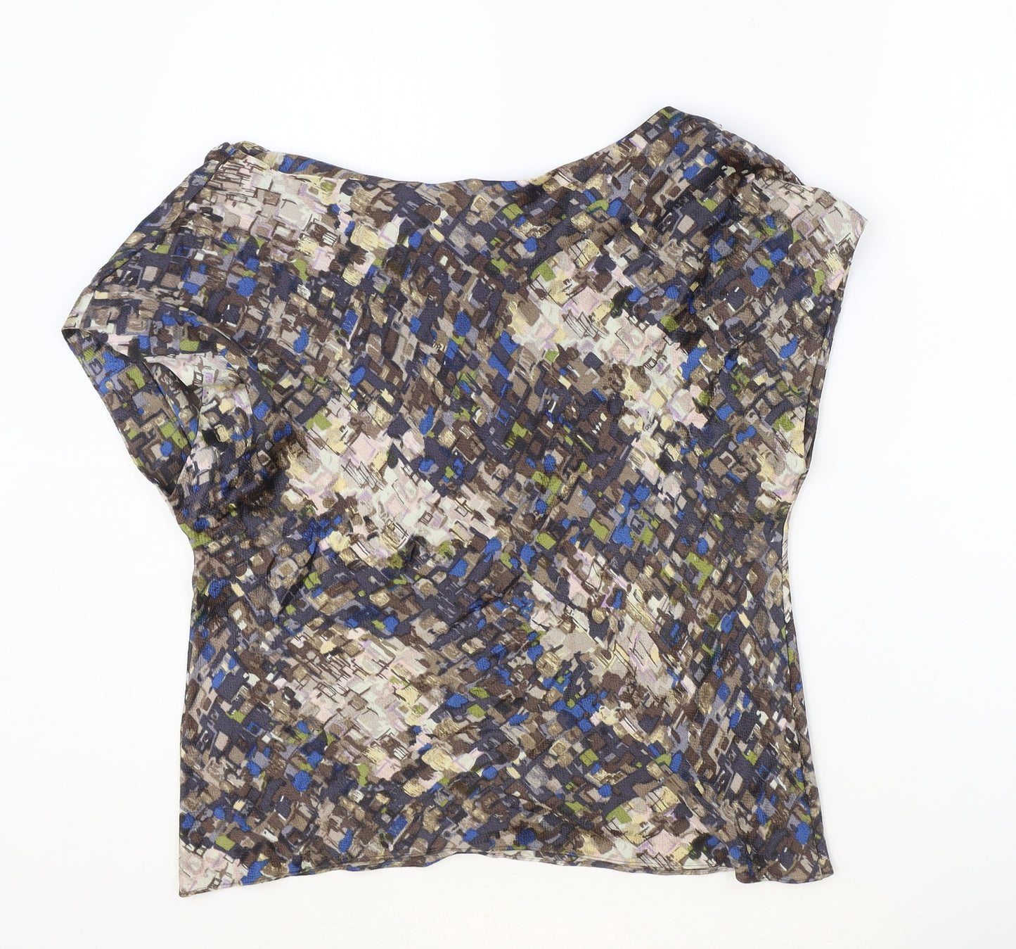 NICOLE FARHI Womens Multicoloured Geometric Silk Basic Blouse Size 14 V-Neck