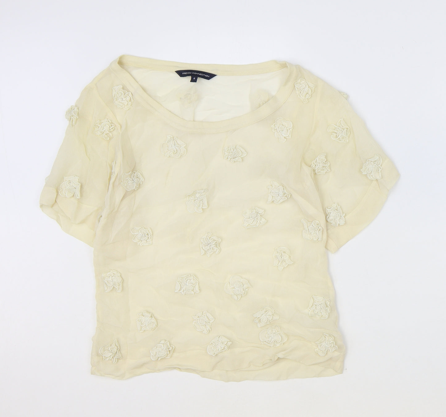 French Connection Womens Yellow Floral Viscose Basic T-Shirt Size 8 Boat Neck