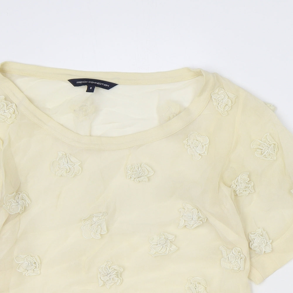 French Connection Womens Yellow Floral Viscose Basic T-Shirt Size 8 Boat Neck