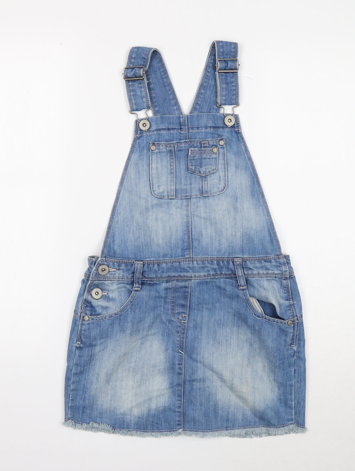 NEXT Girls Blue Cotton Pinafore/Dungaree Dress Size 12 Years Square Neck Button