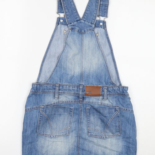 NEXT Girls Blue Cotton Pinafore/Dungaree Dress Size 12 Years Square Neck Button
