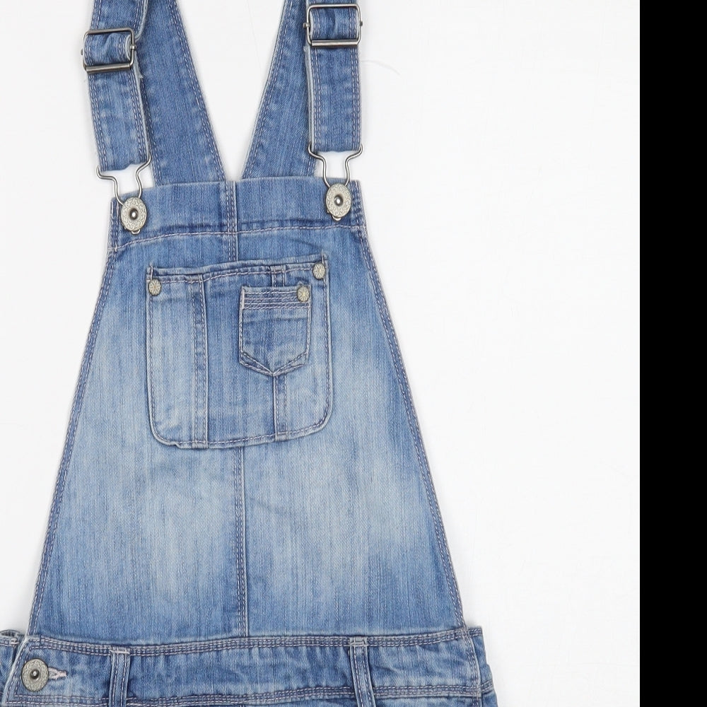 NEXT Girls Blue Cotton Pinafore/Dungaree Dress Size 12 Years Square Neck Button