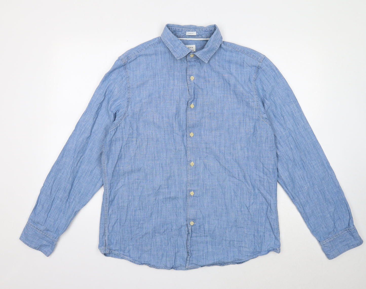 John Lewis Mens Blue Cotton Button-Up Size XL Collared Button