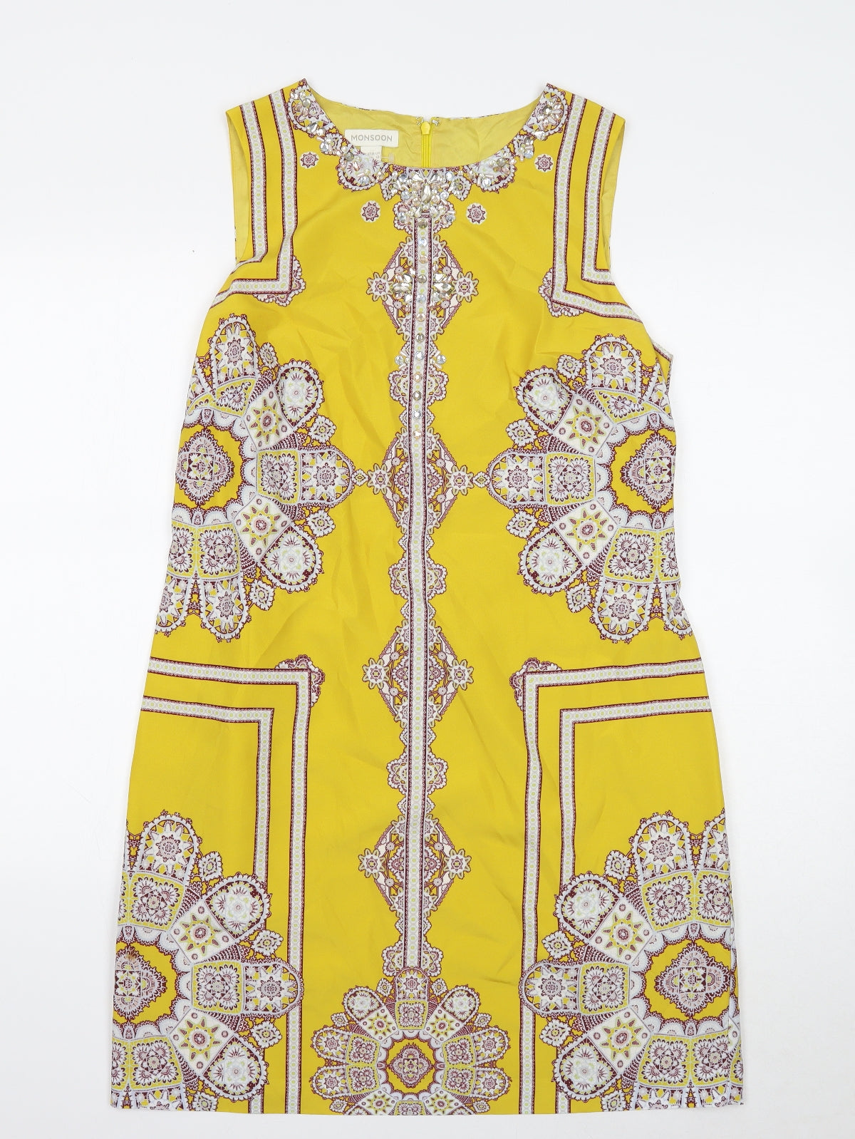 Monsoon Womens Yellow Geometric Polyester Shift Size 14 Boat Neck Zip
