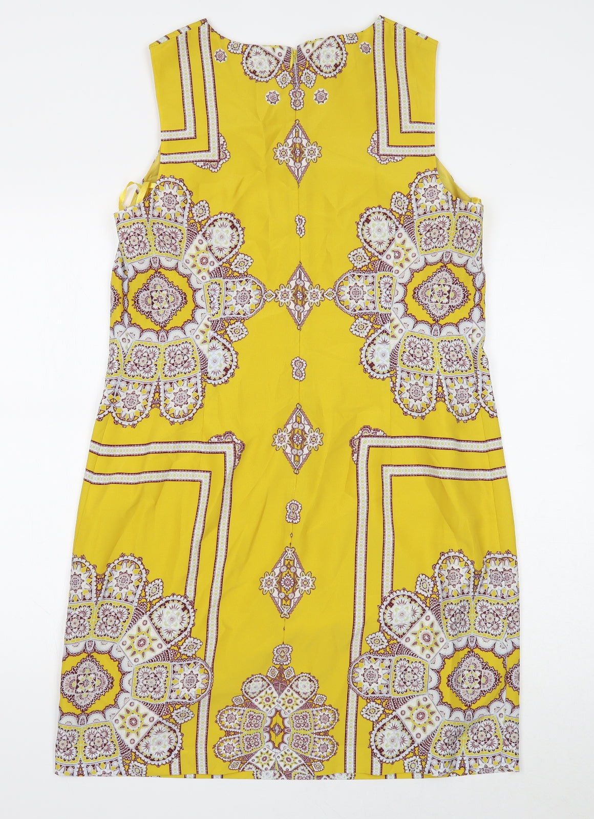 Monsoon Womens Yellow Geometric Polyester Shift Size 14 Boat Neck Zip
