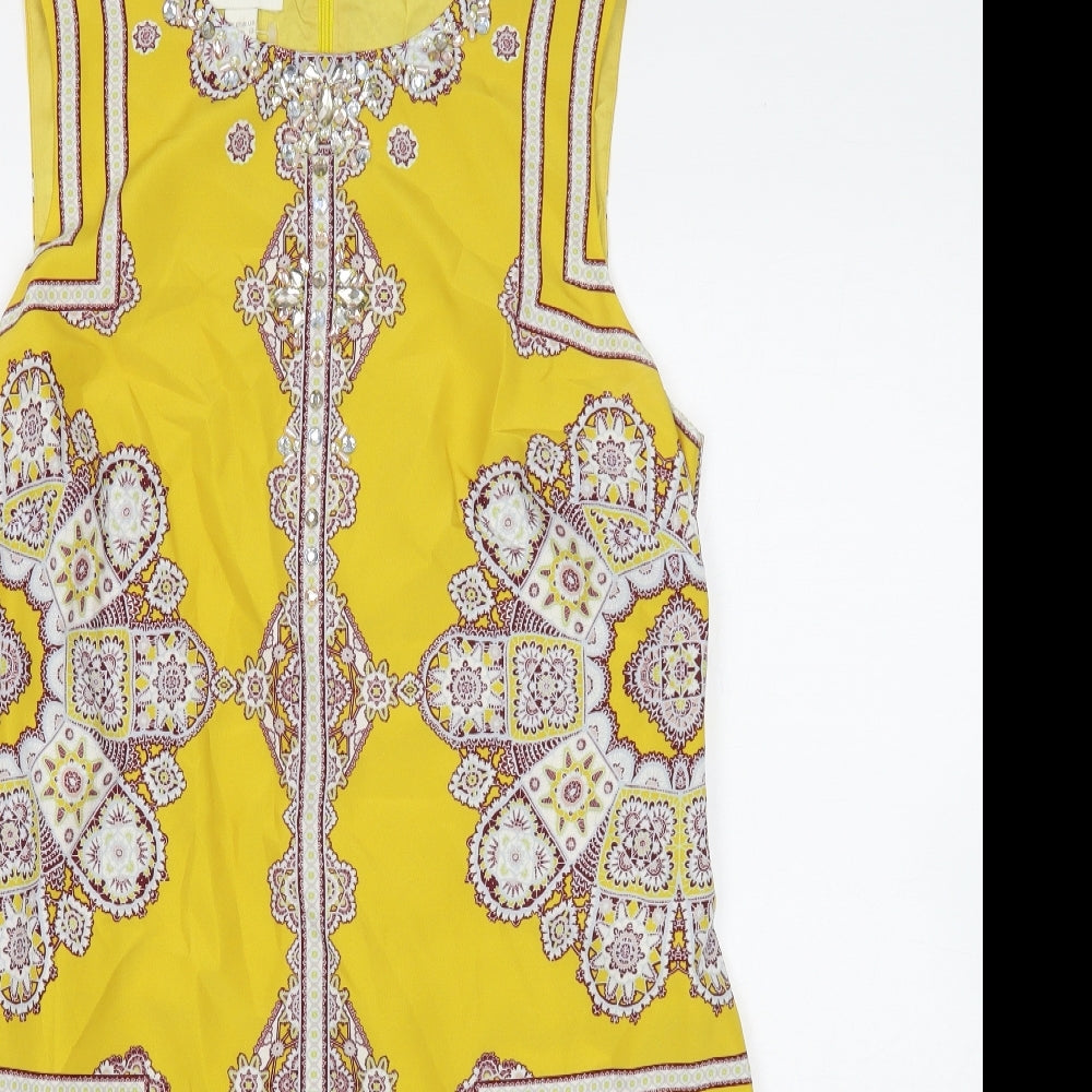 Monsoon Womens Yellow Geometric Polyester Shift Size 14 Boat Neck Zip