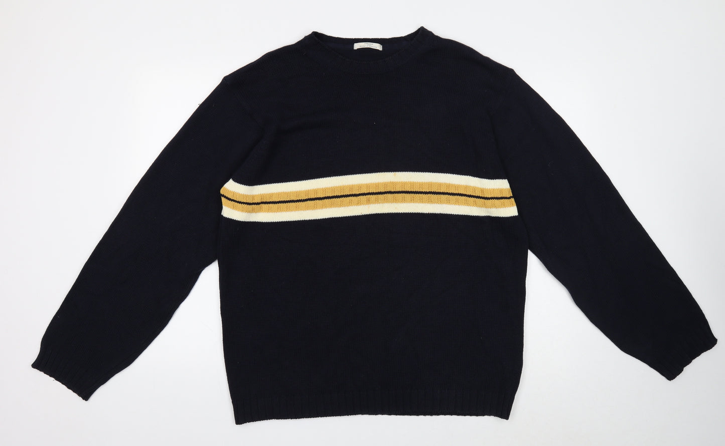 Marks and Spencer Mens Blue Round Neck Striped Cotton Pullover Jumper Size L