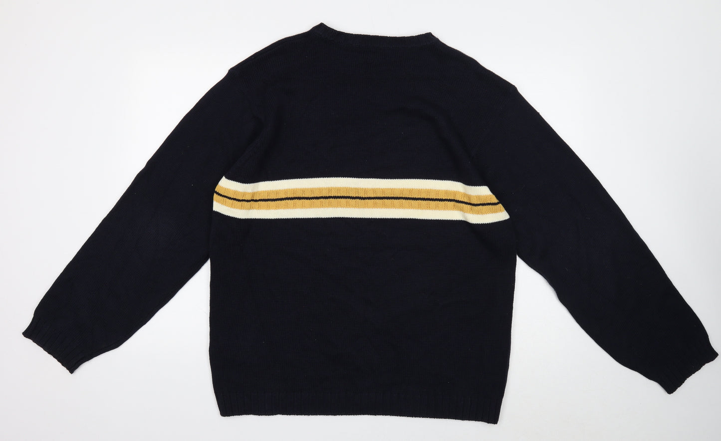 Marks and Spencer Mens Blue Round Neck Striped Cotton Pullover Jumper Size L