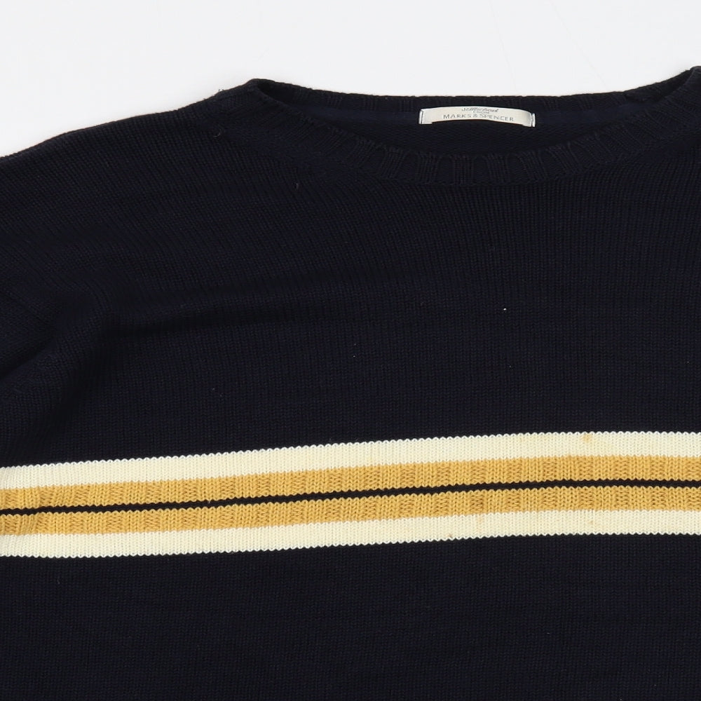 Marks and Spencer Mens Blue Round Neck Striped Cotton Pullover Jumper Size L