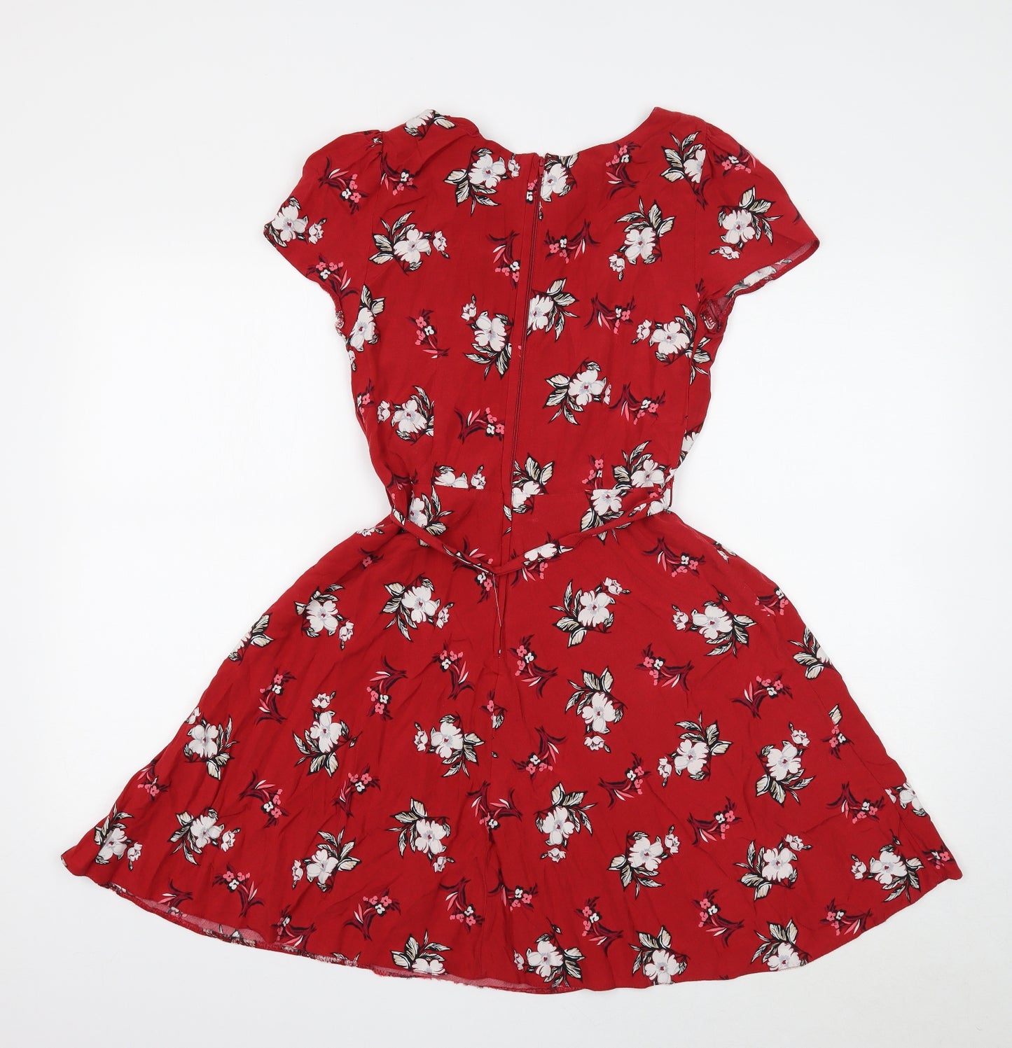 Dorothy Perkins Womens Red Floral Viscose Skater Dress Size 12 Boat Neck Zip