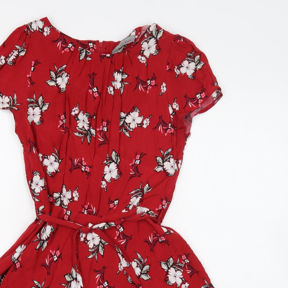 Dorothy Perkins Womens Red Floral Viscose Skater Dress Size 12 Boat Neck Zip