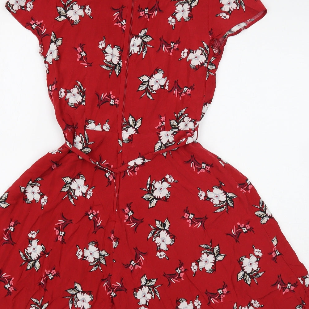 Dorothy Perkins Womens Red Floral Viscose Skater Dress Size 12 Boat Neck Zip