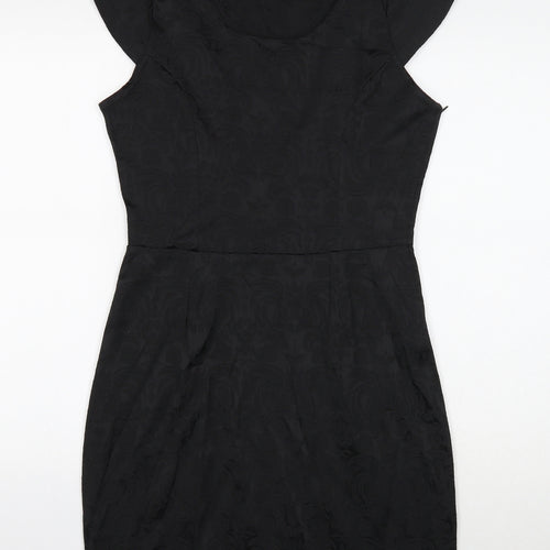 Preworn Womens Black Cotton Pencil Dress Size M Round Neck Zip - Cap Sleeve