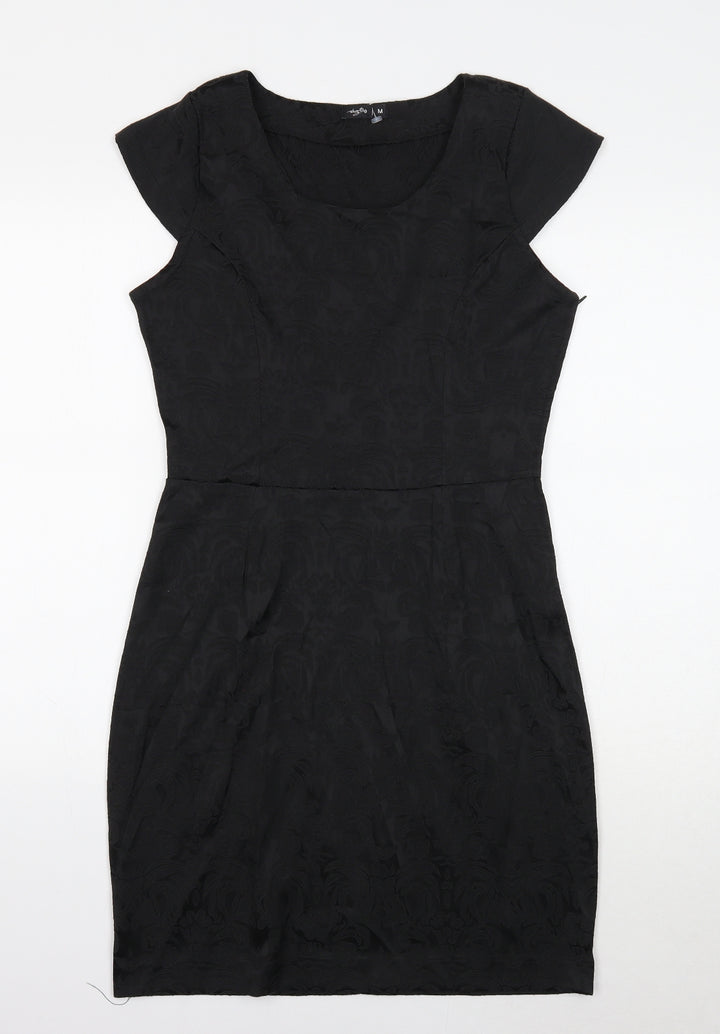 Preworn Womens Black Cotton Pencil Dress Size M Round Neck Zip - Cap Sleeve