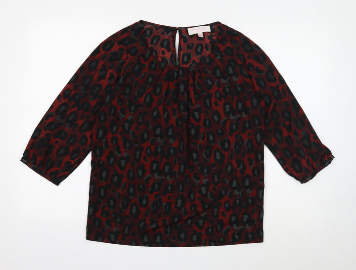 Gharani Strok Womens Red Animal Print Polyester Basic Blouse Size S Round Neck - Leopard Print