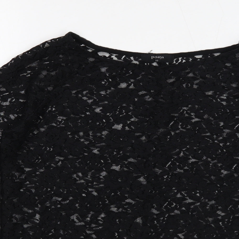 Papaya Womens Black Floral Nylon Basic Blouse Size 10 Round Neck