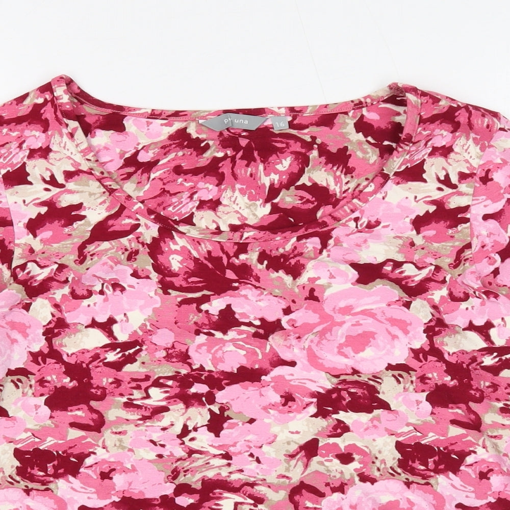 Per Una Womens Pink Floral Viscose Basic T-Shirt Size 16 Scoop Neck
