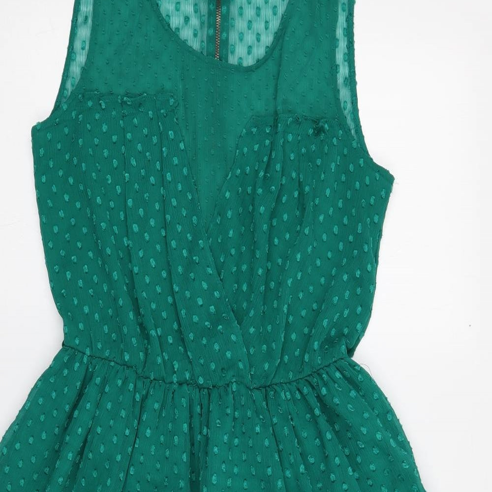 Zara Womens Green Geometric Polyester Fit & Flare Size 16 Round Neck Zip