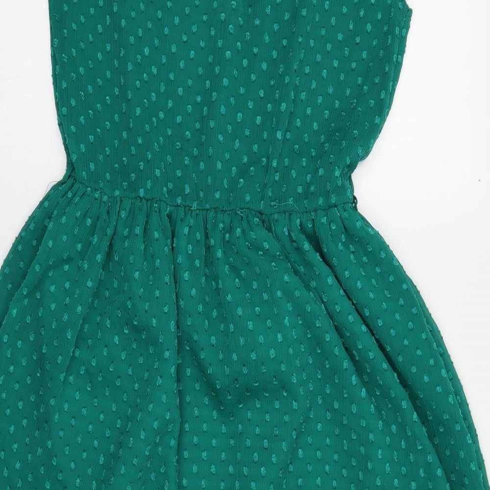 Zara Womens Green Geometric Polyester Fit & Flare Size 16 Round Neck Zip
