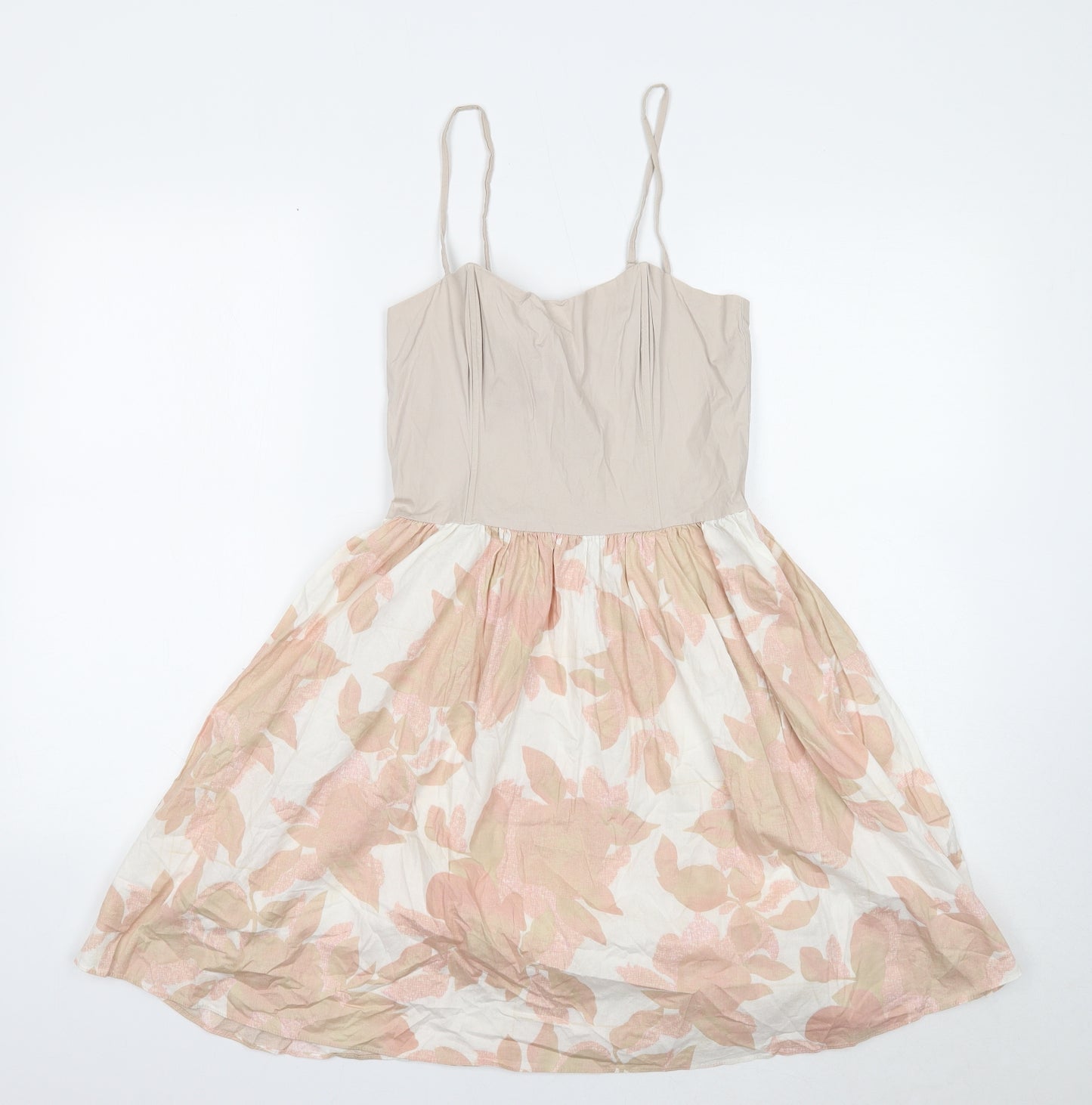 H&M Womens Ivory Geometric Cotton Skater Dress Size 10 Square Neck Zip