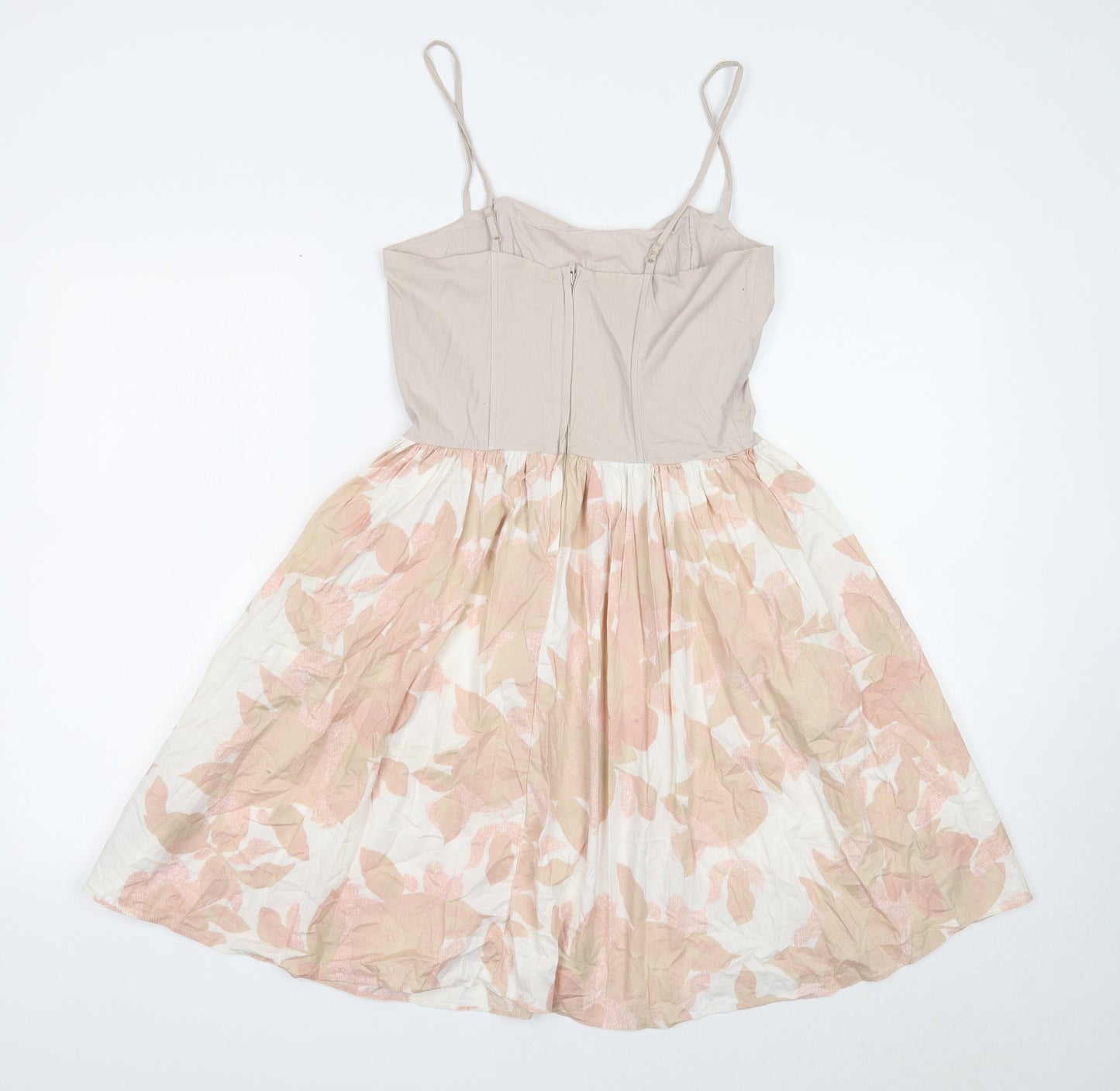 H&M Womens Ivory Geometric Cotton Skater Dress Size 10 Square Neck Zip