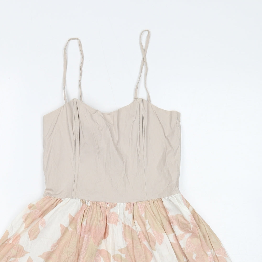 H&M Womens Ivory Geometric Cotton Skater Dress Size 10 Square Neck Zip